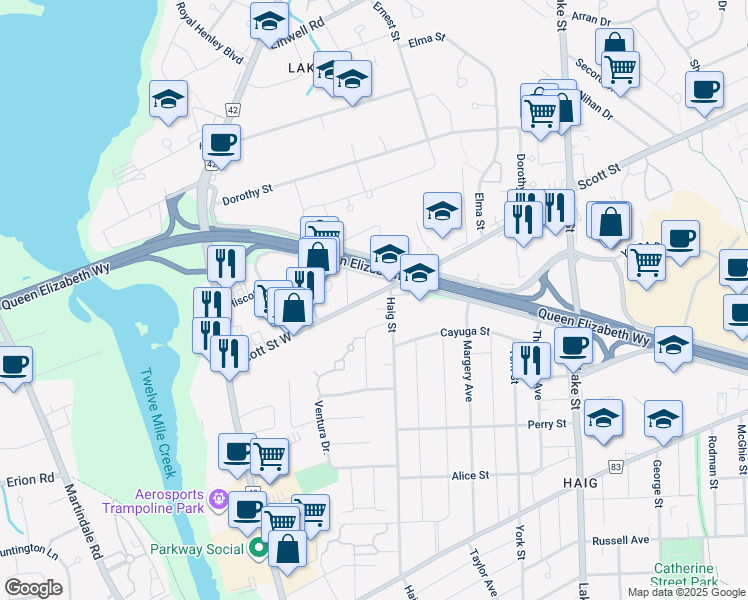 map of restaurants, bars, coffee shops, grocery stores, and more near 139 Haig Street in St. Catharines