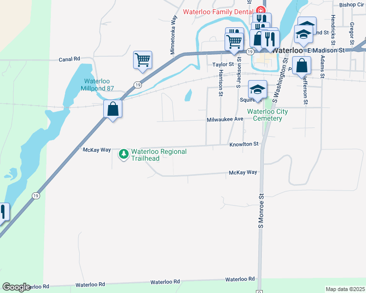 map of restaurants, bars, coffee shops, grocery stores, and more near 606 Knowlton Street in Waterloo