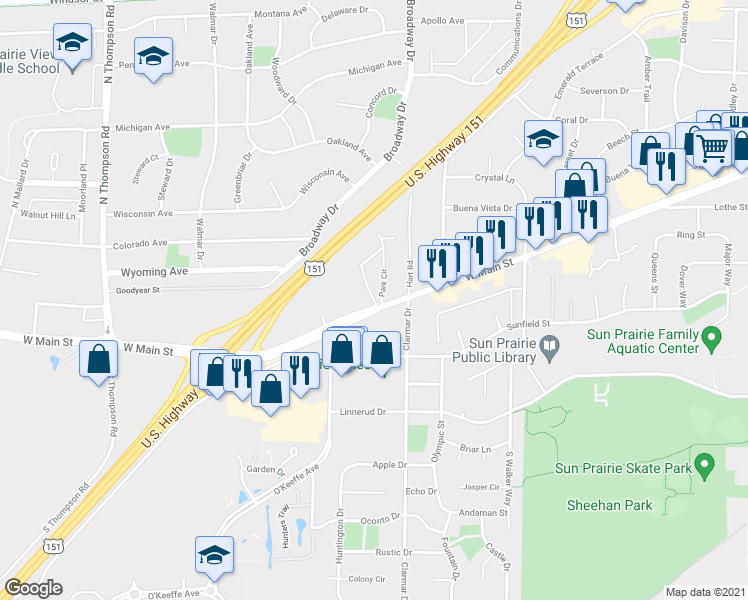 map of restaurants, bars, coffee shops, grocery stores, and more near 115 East Main Street in Sun Prairie