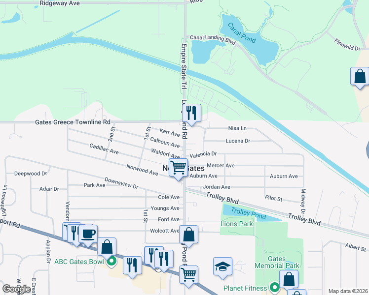 map of restaurants, bars, coffee shops, grocery stores, and more near Long Pond Road & Calhoun Avenue in Rochester