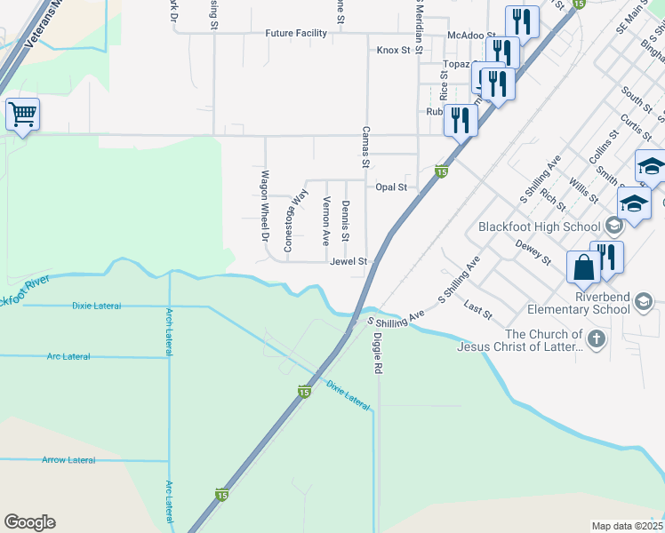 map of restaurants, bars, coffee shops, grocery stores, and more near 740 Jewel Street in Blackfoot