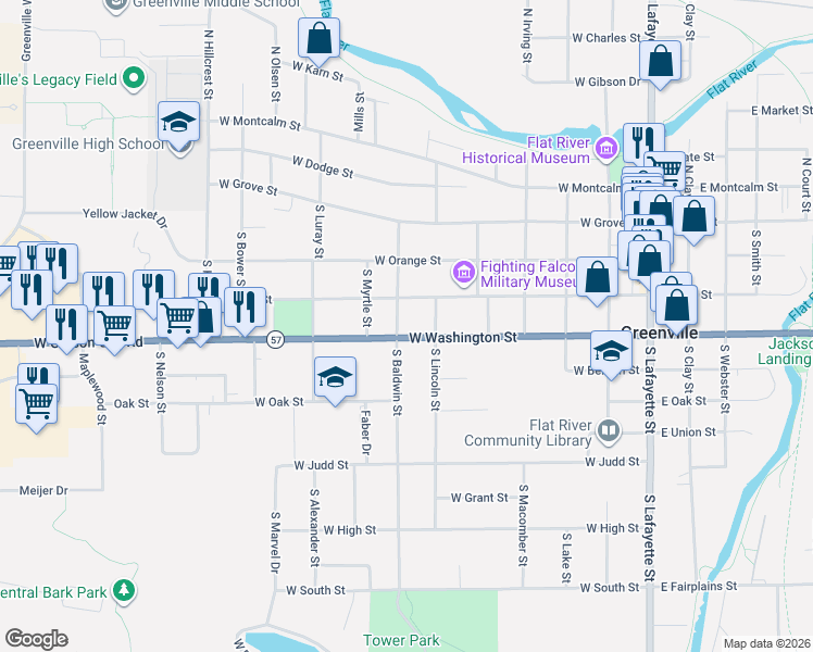 map of restaurants, bars, coffee shops, grocery stores, and more near 614 West Washington Street in Greenville