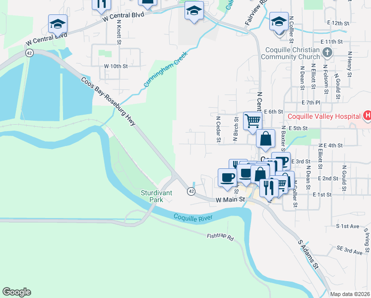 map of restaurants, bars, coffee shops, grocery stores, and more near 561 West Fourth Street in Coquille