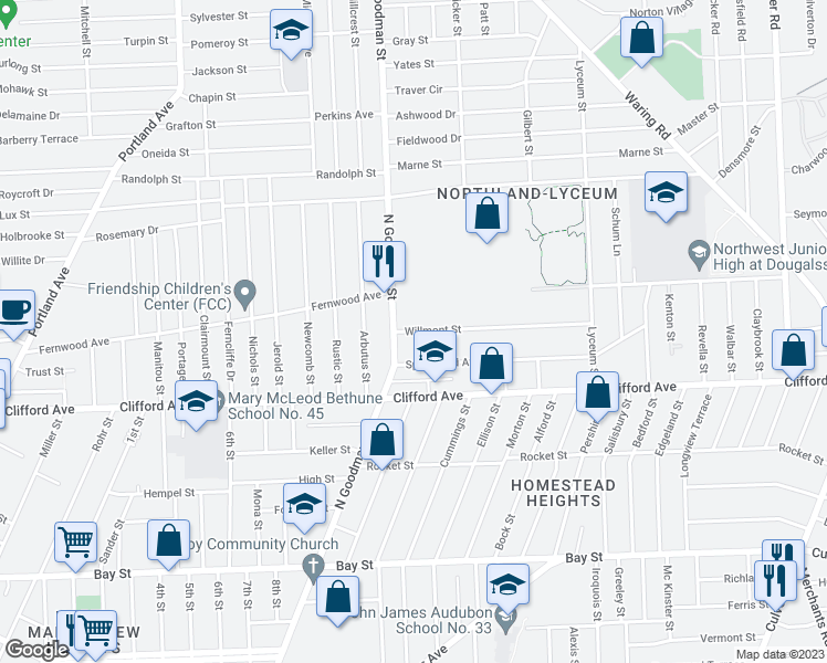 map of restaurants, bars, coffee shops, grocery stores, and more near 26 Willmont Street in Rochester