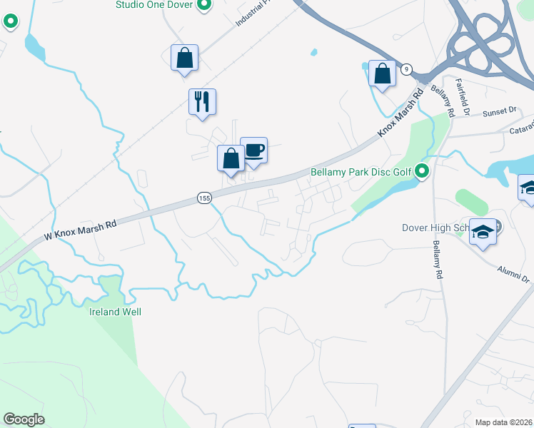 map of restaurants, bars, coffee shops, grocery stores, and more near 1036 Lilac Lane in Dover