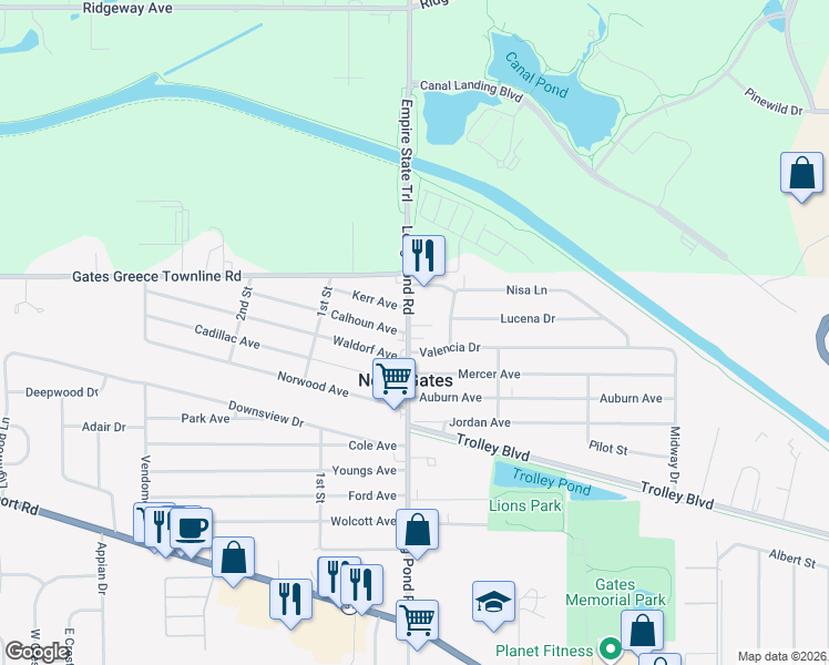 map of restaurants, bars, coffee shops, grocery stores, and more near 1796 Long Pond Road in Rochester
