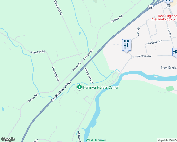 map of restaurants, bars, coffee shops, grocery stores, and more near 110 Liberty Hill Road in Henniker