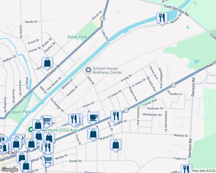 map of restaurants, bars, coffee shops, grocery stores, and more near 51 Irving Street in Lockport