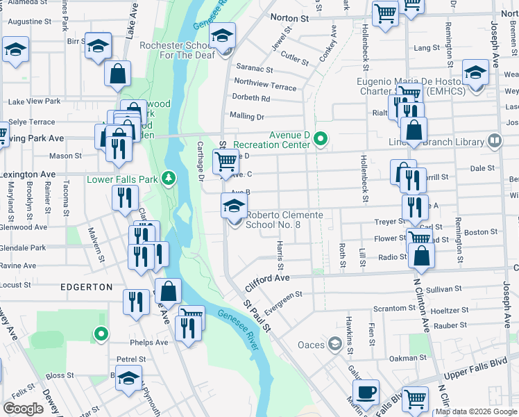 map of restaurants, bars, coffee shops, grocery stores, and more near 56 Avenue A in Rochester