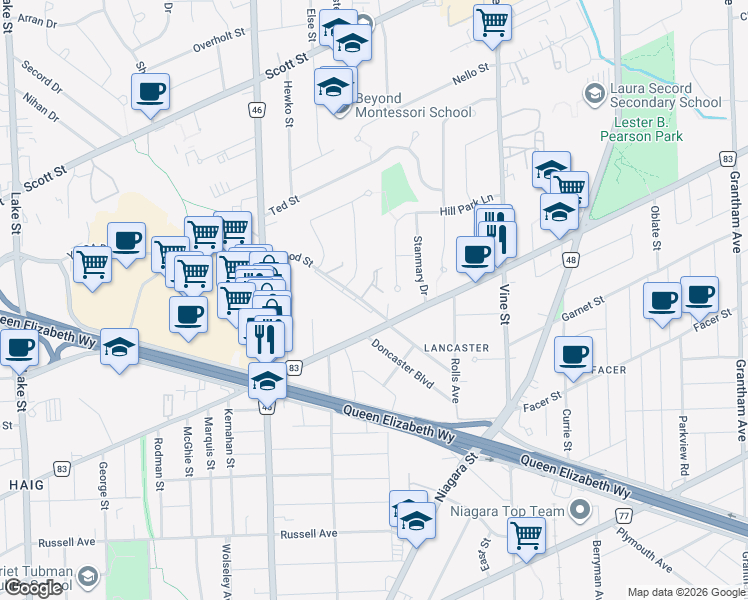 map of restaurants, bars, coffee shops, grocery stores, and more near 4 A Wood Street in St. Catharines