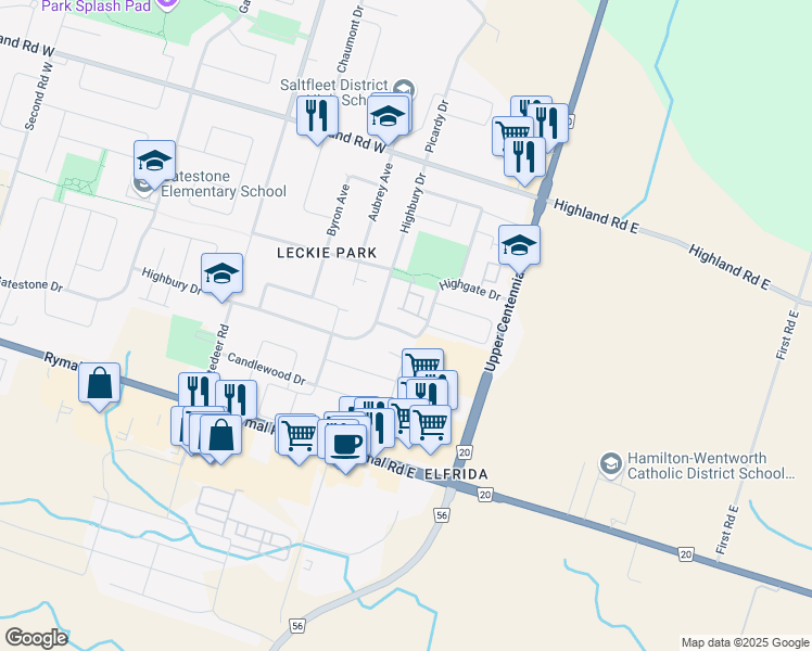 map of restaurants, bars, coffee shops, grocery stores, and more near 96 Highgate Drive in Hamilton