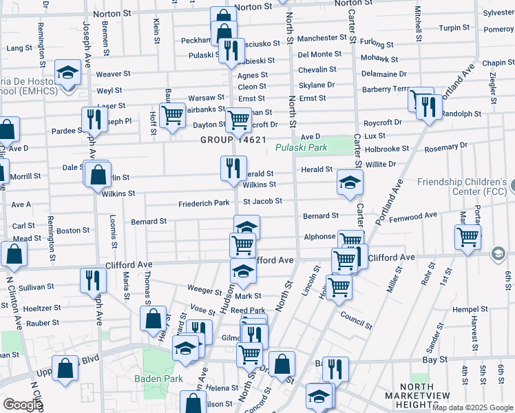map of restaurants, bars, coffee shops, grocery stores, and more near 286 Bernard Street in Rochester