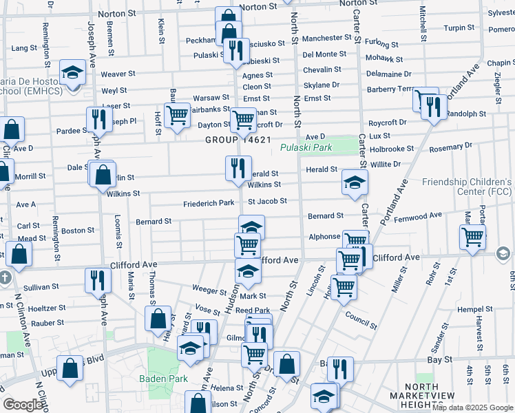 map of restaurants, bars, coffee shops, grocery stores, and more near 286 Bernard Street in Rochester