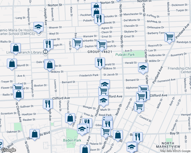 map of restaurants, bars, coffee shops, grocery stores, and more near 709 Hudson Avenue in Rochester