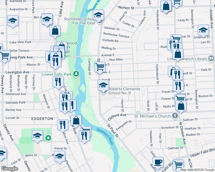 map of restaurants, bars, coffee shops, grocery stores, and more near 56 Avenue A in Rochester
