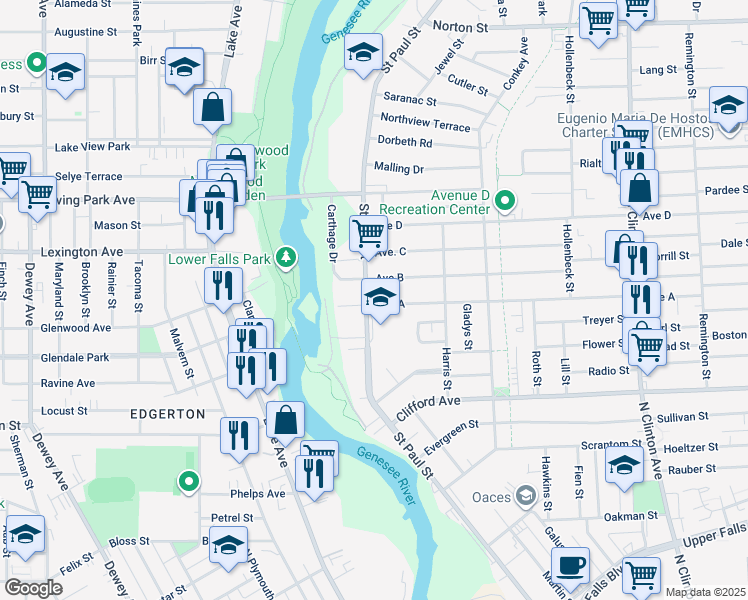 map of restaurants, bars, coffee shops, grocery stores, and more near in Rochester