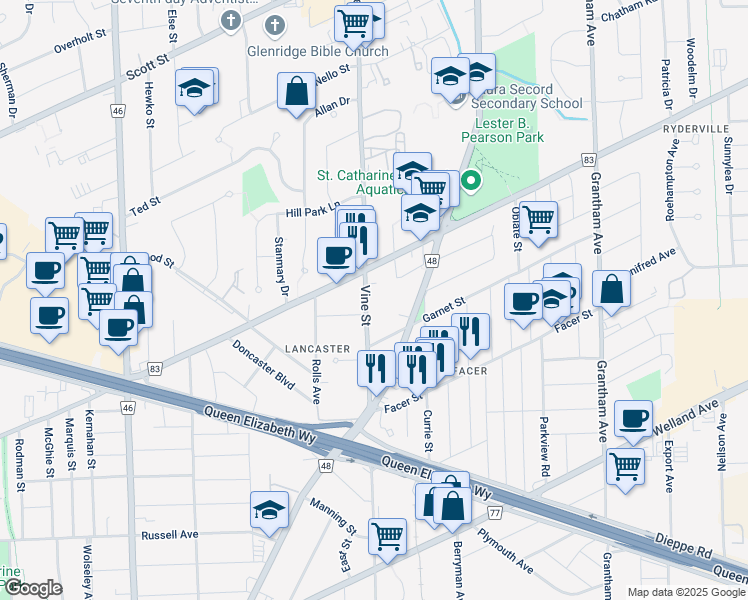 map of restaurants, bars, coffee shops, grocery stores, and more near in St. Catharines