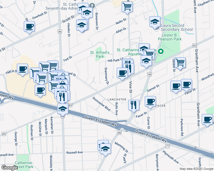 map of restaurants, bars, coffee shops, grocery stores, and more near 299 Carlton Street in St. Catharines