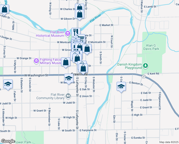 map of restaurants, bars, coffee shops, grocery stores, and more near 210 East Washington Street in Greenville