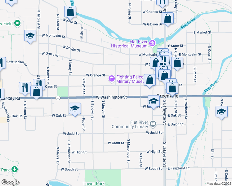 map of restaurants, bars, coffee shops, grocery stores, and more near 504 West Washington Street in Greenville