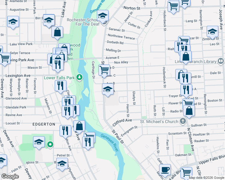 map of restaurants, bars, coffee shops, grocery stores, and more near 56 Avenue A in Rochester