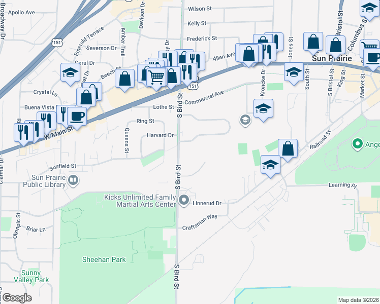 map of restaurants, bars, coffee shops, grocery stores, and more near 415 South Bird Street in Sun Prairie