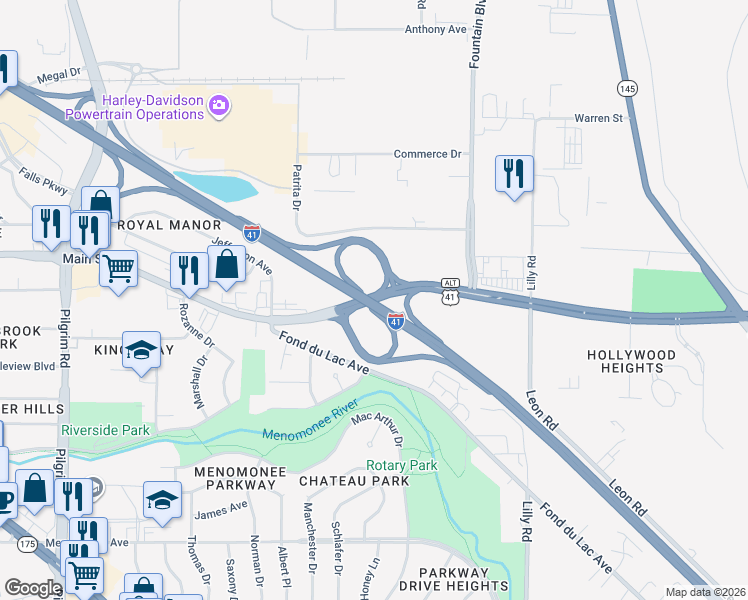 map of restaurants, bars, coffee shops, grocery stores, and more near 2 Main Street in Menomonee Falls