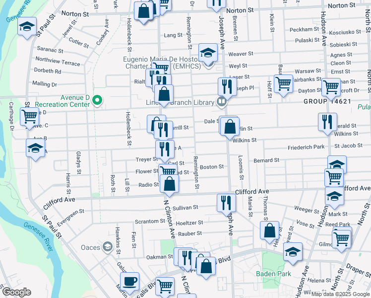 map of restaurants, bars, coffee shops, grocery stores, and more near 465 Avenue A in Rochester