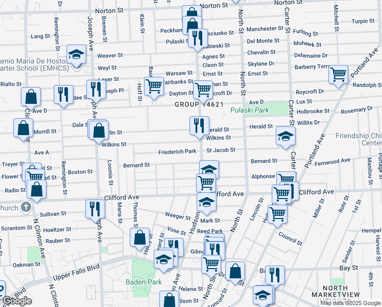map of restaurants, bars, coffee shops, grocery stores, and more near 709 Hudson Avenue in Rochester