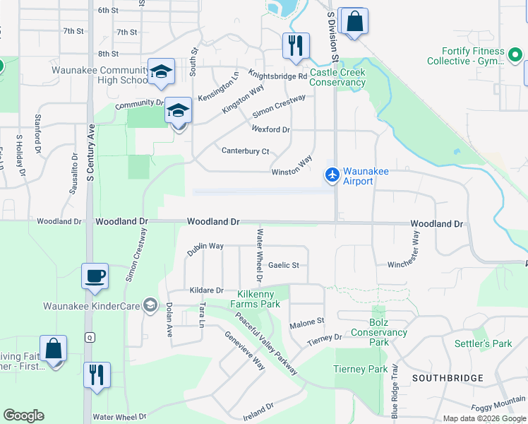 map of restaurants, bars, coffee shops, grocery stores, and more near 5940 Woodland Drive in Waunakee