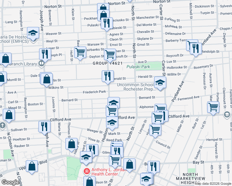 map of restaurants, bars, coffee shops, grocery stores, and more near 286 Bernard Street in Rochester
