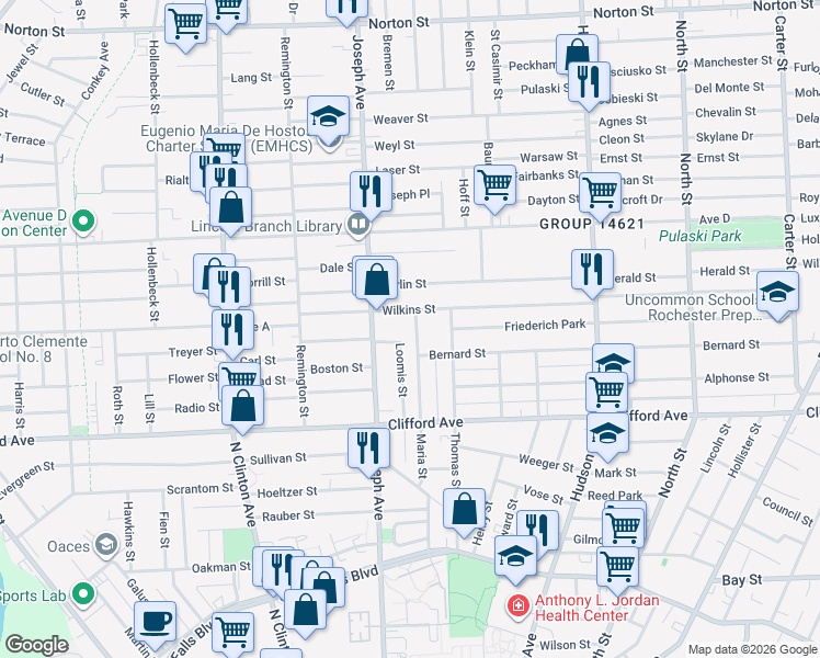 map of restaurants, bars, coffee shops, grocery stores, and more near 89 Maria Street in Rochester