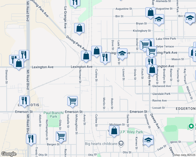 map of restaurants, bars, coffee shops, grocery stores, and more near 306 Curlew Street in Rochester