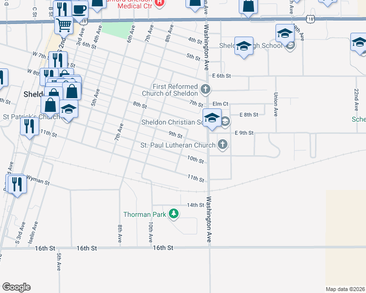 map of restaurants, bars, coffee shops, grocery stores, and more near 11th Avenue in Sheldon
