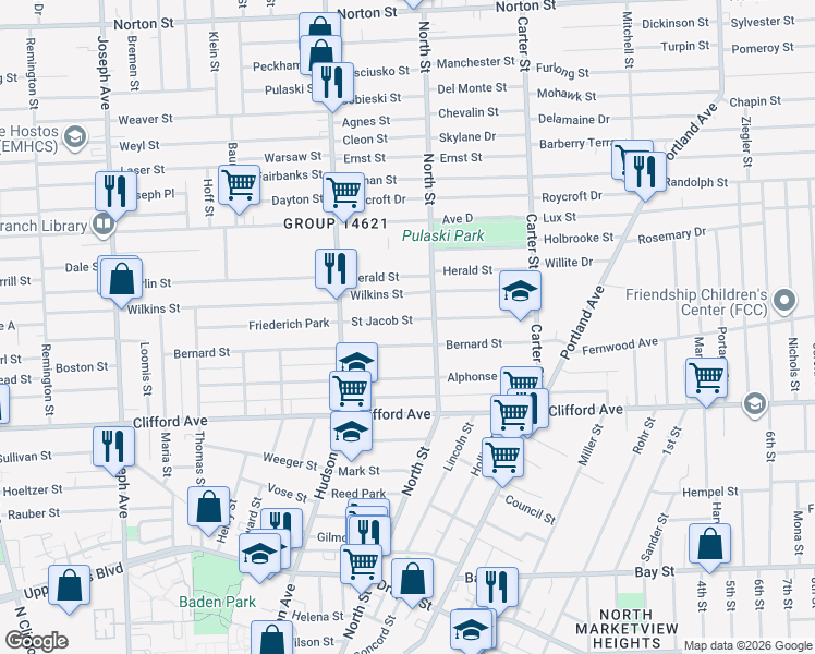 map of restaurants, bars, coffee shops, grocery stores, and more near 29 St Jacob St in Rochester