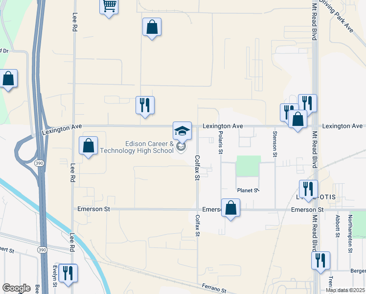 map of restaurants, bars, coffee shops, grocery stores, and more near 655 Colfax Street in Rochester