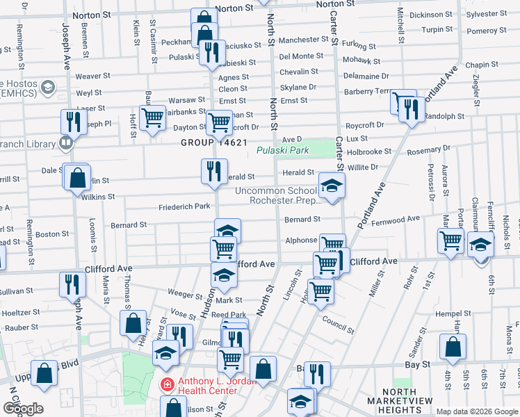 map of restaurants, bars, coffee shops, grocery stores, and more near 29 Saint Jacob Street in Rochester