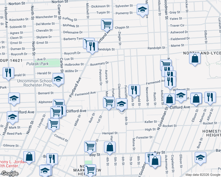 map of restaurants, bars, coffee shops, grocery stores, and more near in Rochester