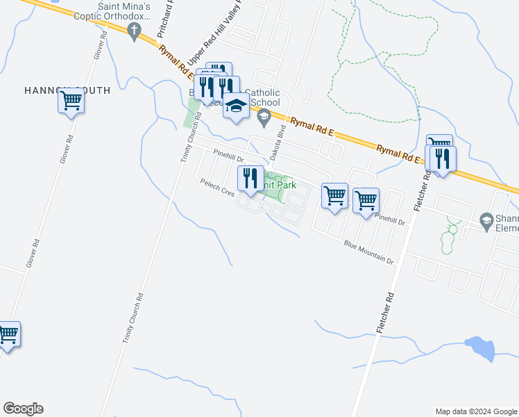 map of restaurants, bars, coffee shops, grocery stores, and more near 15 Cornflower Crescent in Hamilton