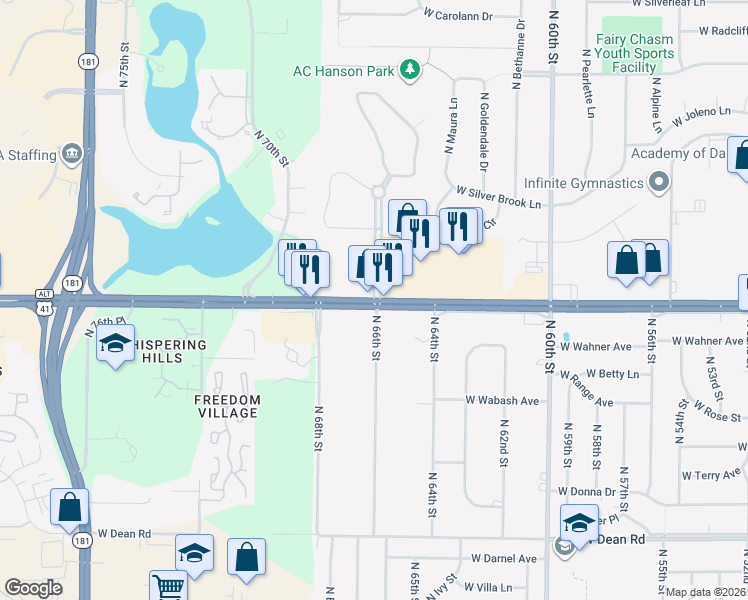 map of restaurants, bars, coffee shops, grocery stores, and more near W Brown Deer Rd & N Park Plaza Ct in Brown Deer