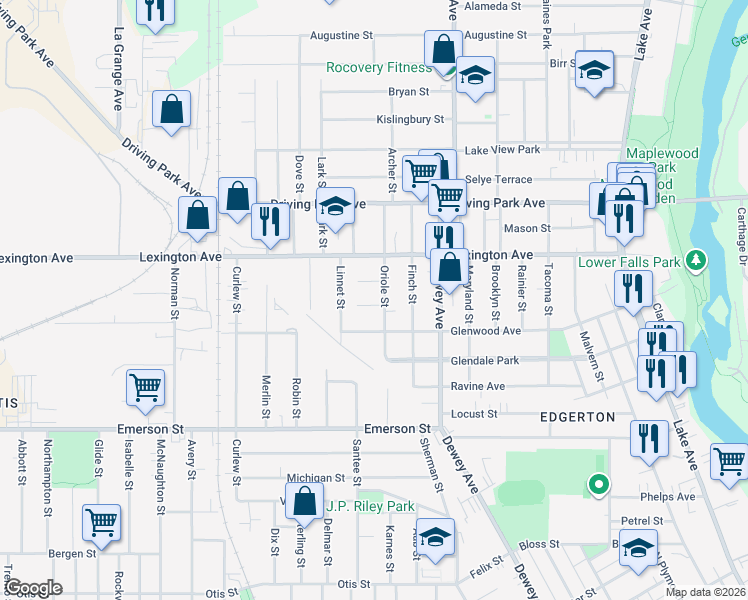 map of restaurants, bars, coffee shops, grocery stores, and more near 14 Admiral Park in Rochester