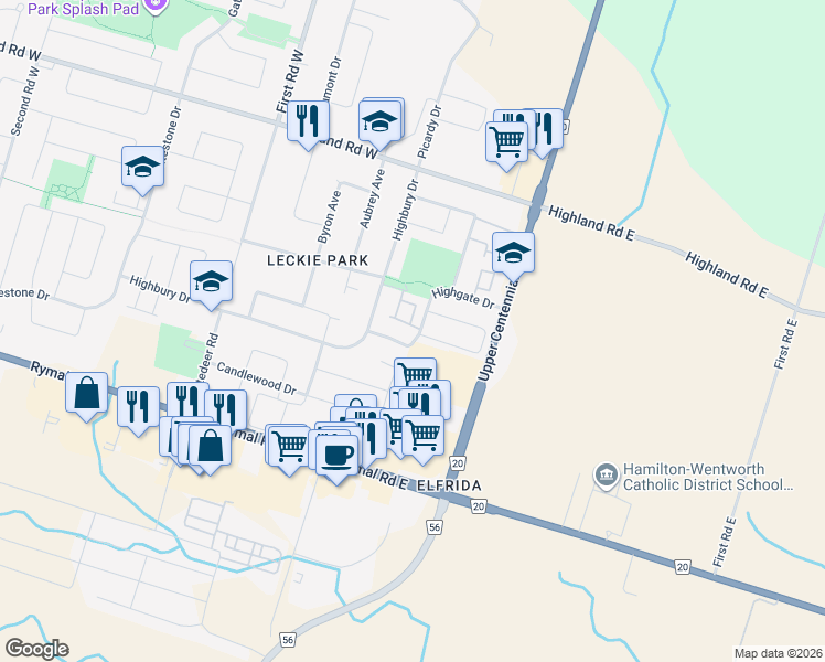 map of restaurants, bars, coffee shops, grocery stores, and more near 70 Highgate Drive in Hamilton