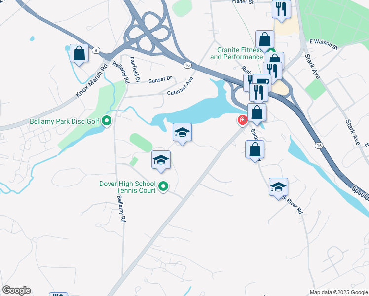 map of restaurants, bars, coffee shops, grocery stores, and more near 16 Daley Drive in Dover