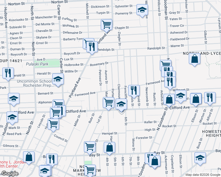 map of restaurants, bars, coffee shops, grocery stores, and more near in Rochester