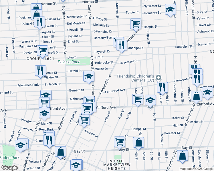 map of restaurants, bars, coffee shops, grocery stores, and more near 40 Fernwood Avenue in Rochester
