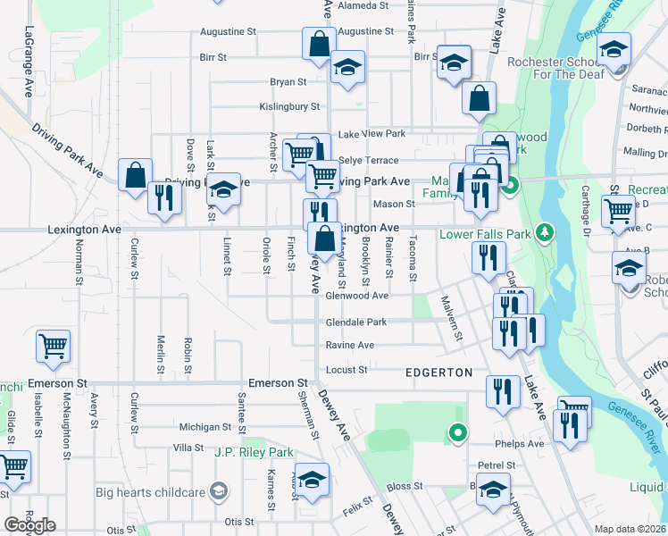 map of restaurants, bars, coffee shops, grocery stores, and more near 109 Maryland Street in Rochester