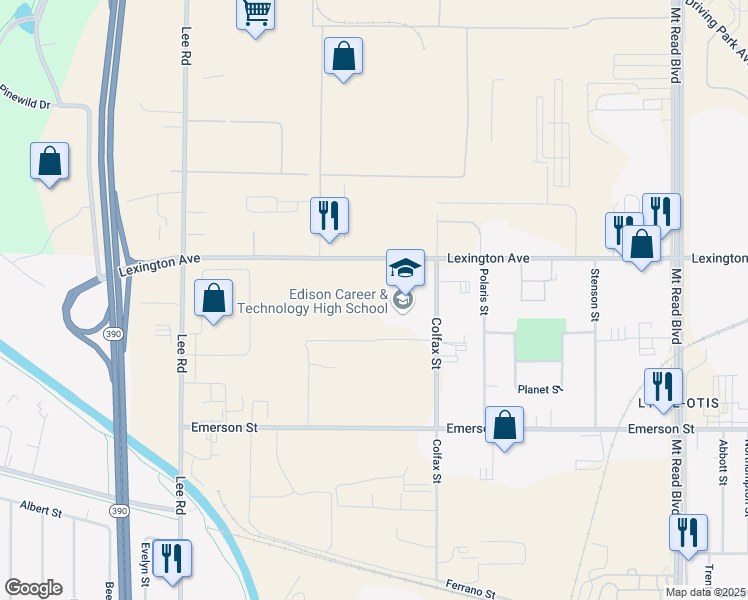 map of restaurants, bars, coffee shops, grocery stores, and more near 655 Colfax Street in Rochester
