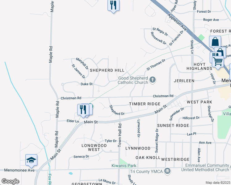 map of restaurants, bars, coffee shops, grocery stores, and more near N88W18057 Christman Road in Menomonee Falls
