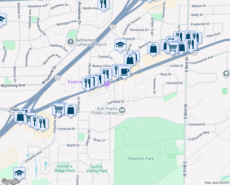 map of restaurants, bars, coffee shops, grocery stores, and more near 349 South Walker Way in Sun Prairie