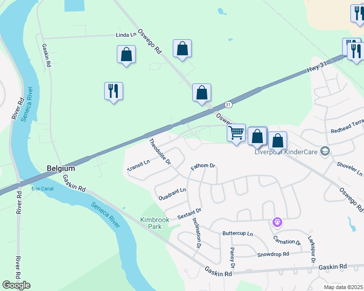 map of restaurants, bars, coffee shops, grocery stores, and more near 8459 Bubbling Springs Drive in Baldwinsville